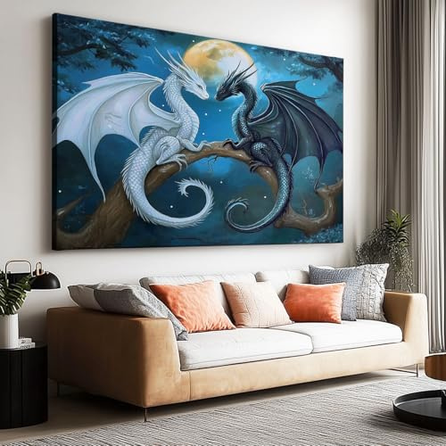 Großes Leinwandbilder Wandbilder Schwarzer weißer Drache Fantasy bild auf leinwand Wandkunst Modern Aesthetic XXL Kunstdruck Deko für Wohnzimmer Schlafzimmer Geschenk 70 x 50 cm