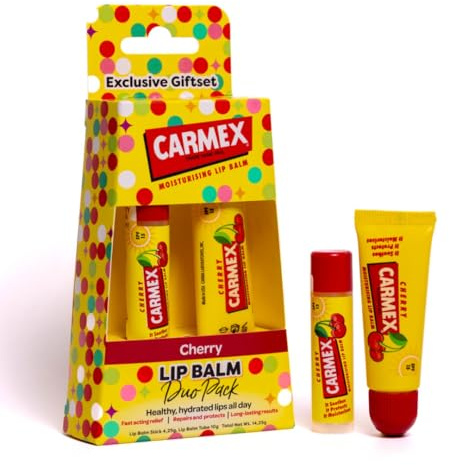 Carmex Cherry Lip Balm Set – Pack of 2 (Stick & Tube) | Packed With SPF 15 For Sun Damage | Clinically Proven Formula | Visible Results After 1 Use | 24H Moisturising | Gifting Essential