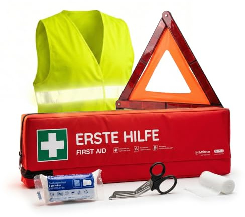FLEXEO KFZ-Verbandtasche inkl. Warndreieck und Warnweste nach aktueller DIN 13164 | Gültig für 2026, in Deutschland und der EU | Verbandkasten/Erste Hilfe Set für PKW/Auto | Rot