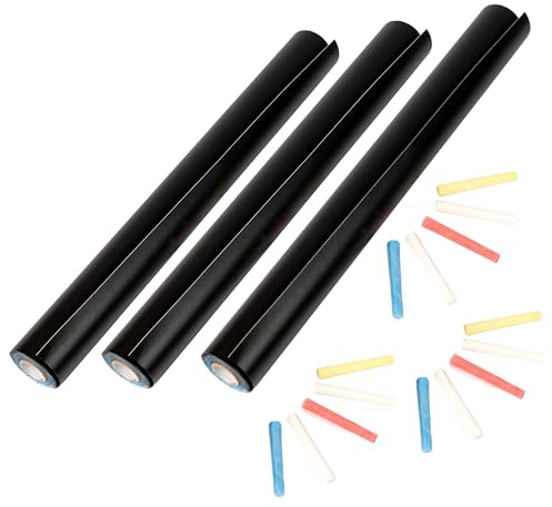 Veluxis Tafelfolie selbstklebend Schwarz matt – 3er-Set, 200 × 45 cm | Abwischbar, zuschneidbar und rückstandsfrei entfernbar, inklusive 5 Kreidefarben