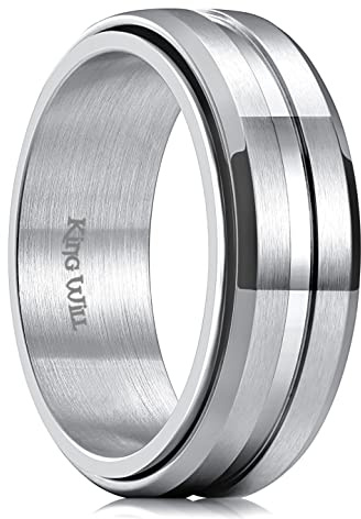 King Will 8mm Spinner Ring für Männer & Frauen - Edelstahl Fidget Angst Ring mit hochglanzpolierter & gebürsteter Oberfläche | Schwarz, Silber, Unisex Schmuck Geschenk