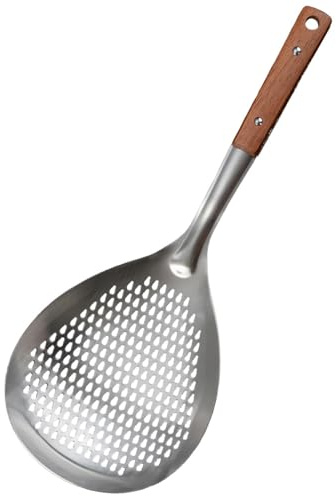 Espumadera de cocina de acero inoxidable de 38,7 cm con mango de madera para escurrir, cocinar y freír
