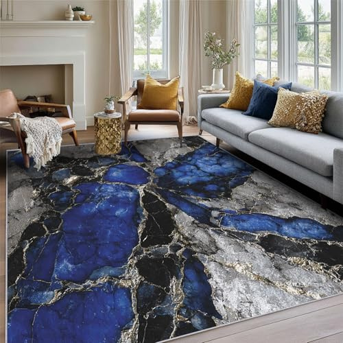 Generisch Teppich Marmor Wohnzimmer 200 x 300 cm Mit Schwarz Dunkelblau Cool Abstrakt 3D Muster, Marmor Schlafzimmer Deko Bettvorleger, Kurzflor rutschfest Waschbar Teppiche Gegend