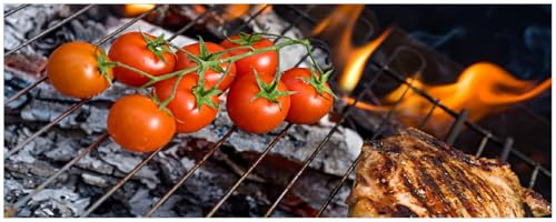 Wallario Küchenrückwand selbstklebend 115 x 50 cm, Motiv: Tomaten und Steak auf einem Grill | Spritzschutz abwischbar & pflegeleicht