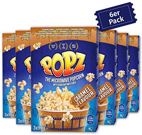 Popz Caramel Popcorn 6er Pack (6 x 270 g) – Popcorn Mais für das perfekte Filmerlebnis zu Hause – Mikrowellenpopcorn mit leckerem Karamellgeschmack
