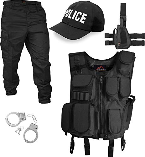normani SWAT/Security/Police Kostüm bestehend aus Weste, Hose, Pistolenholster, Handschellen und Basecap Farbe Schwarz/Police Größe XL