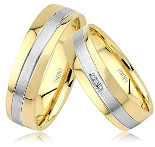 GIORO Fano Eheringe Trauringe Hochzeitsringe massiv Gold Bicolor Weißgold *handgefasste Brillant Steine* Paarpreis Echtes Gold