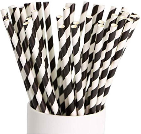 Luckydo Biodegradable Striped Paper Straws,Paper Drinking Straws for Party, Events and Crafts,Baby Shower Decorations 7.75 Inches, Black White Striped - 100 Packs