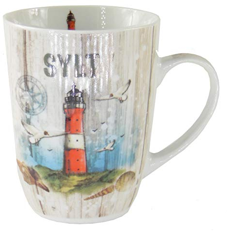 osters muschel-sammler-shop Kaffeebecher Weiss mit Sylter Leuchtturm/Teebecher/Weiss-bunt/Syltmotiv/Motiv Sylt/Sylter Becher/Strandtasse-Becher/Sylt - Geschenk-Artikel
