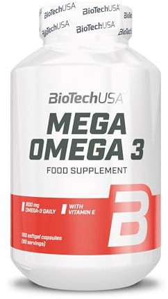 BioTechUSA Mega Omega 3 | 70% Omega-3 mit EPA & DHA | Fischöl-Softgelkapseln | Zusätzliches Vitamin E | Gluten-, laktose- & GMO-frei | 180 Softgelkapseln