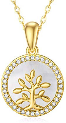 SISGEM 9 ct Gold Life Tree Necklace, Solid Yellow Gold Tree of Life Pendant Necklace with Mother of Pearl, Family Tree Necklace, for Women Girls Ladies Mum Sisters, 16+1+1