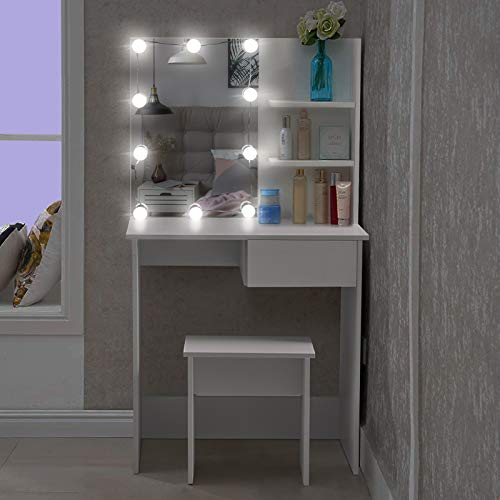 TUKAILAI Schminktisch mit LED Beleuchtung, Schminktisch Klein, Kosmetiktisch mit Spiegel und Hocker weiß, Frisiertisch mit 1 Schubladen und 3 Offenen Fächern