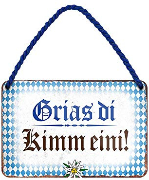 Grias Di Hängeschild - lustiges Retro Deko Metallschild mit Kordel und Saugnapf - witzige Dekoration Haustür Hauseingang Flur Biergarten Wirtschaft - bayrischer Gruß mit Bayern Raute - 18x12cm