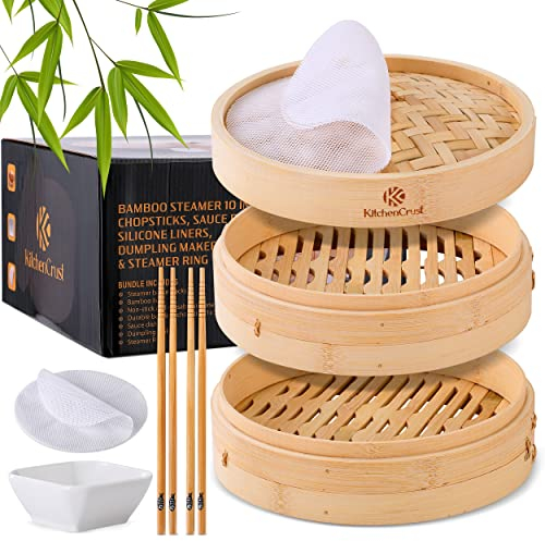 KITCHEN CRUST Bamboo Steamer Basket for Chinese Asian Cuisine, 2-Tier 10-Inch Steaming Basket, Bao Bun Vegetable & Dumpling Steamer, Sauce Dish, Reusable Liners, Ring