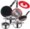 San Ignacio Bateria 5pcs acero inoxidable: cazo Ø16x7,5 Cacerolas Ø18x8,5 y Ø20x9,5 cms. + Set 3 sartenes Ø16/20/24 cm, aluminio prensado, aptas para inducción + Tapa universal (16 18 20cm), PK3368