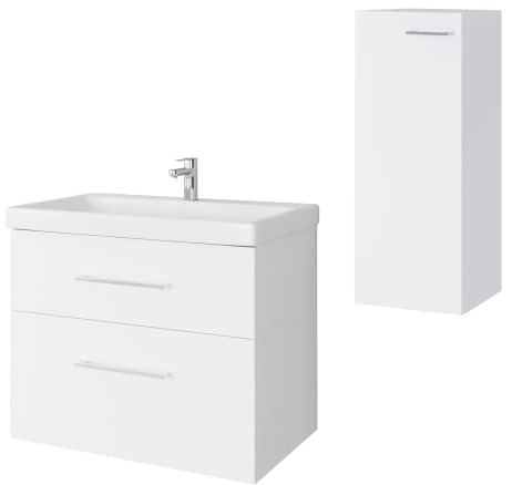 Planetmöbel Badmöbel Set Waschtisch mit Unterschrank 63 x 60 x 36,5 cm, inkl. Midischrank, moderner Waschbeckenunterschrank für Badezimmer, Gäste Bad & WC, Weiß