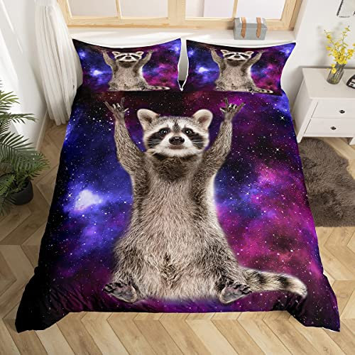 Raccoon Duvet Cover Galaxy Bedding Set Single Size,Boys Starry Sky Comforter Cover Set for Child Teens Youth Man,Ferret Quilt Cover Wild Animal Bedroom Decor Blue Purple