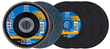 PFERD Trennscheiben-/Fächerscheiben-Set, 4-teilig | 3x gerade Trennscheiben 125 x 1,0 + 1x POLIFAN-Fächerscheibe 125 Z60, Universallinie PSF STEELOX | 69198298 – für Stahl und Edelstahl (INOX)