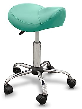 QUIRUMED Pony-Hocker, ergonomisch, mit Stahlgestell, grüne Farbe, Kunstlederpolsterung, höhenverstellbar, gepolsterter Sitz, drehbare Räder, bis 150 kg