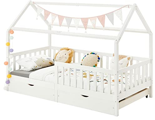 IDIMEX Lit cabane NUNA lit Enfant Simple Montessori en Bois 90 x 200 cm, avec Rangement 2 tiroirs, en pin Massif lasuré Blanc