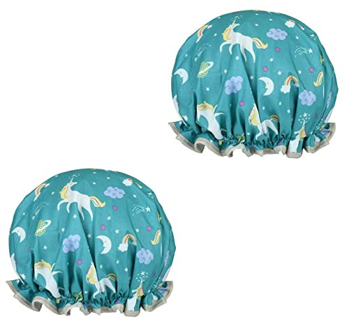 2 Pack Shower Cap for Women, Oil-proof Caps, Double Layers Waterproof Reusable Bath Caps With Ruffled Edge Covering for Girls, Women, Ladies, Kids (LightBlue Unicorn 2 Pcs)