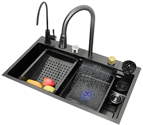 Fregadero de Cocina,Fregadero de Cascada,Fregadero de lluvia volador,Juego de Fregadero Doméstico de Acero Inoxidable 304,Fregadero Integrado con Grifo Extraíble (75×45×21cm)