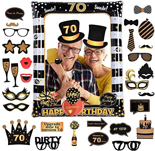 Flintronic 70.Geburtstag Deko Fotorequisiten, Schwarzes Gold Aufblasbarer Rahmen zum 70.Geburtstag und 35 Stück Foto Requisiten, Party Foto Booth Props für Partydeko, Partei Dekorationen