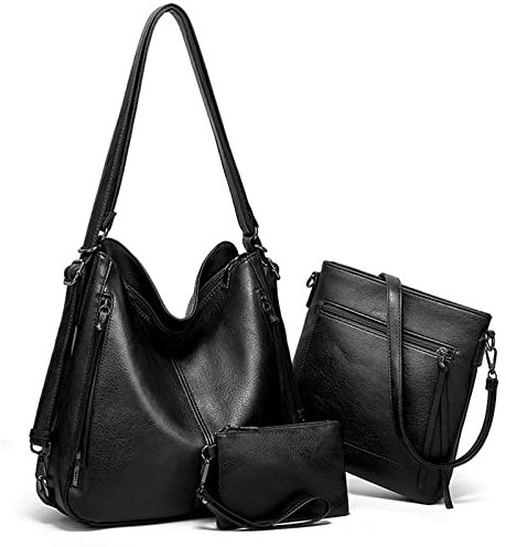 Tragetaschen für Damen, wandelbarer Rucksack, Geldbörsen, PU-Leder, Hobo-Tasche, Umhängetasche, Umhängetasche, Geldbörse, Set, 3-teilig, Schwarz, Large, Damen Hobo Bag Convertible Rucksack