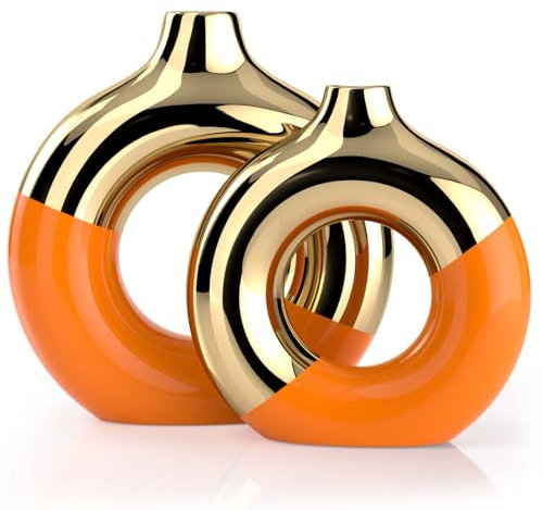 Orange und Gold Vase,Keramikvasen 2er-Set,Runde Vase für Tafelaufsätze Heimdekoration,Goldene Keramikvasen für Wohnzimmer-Dekor Heimdekor-Akzente
