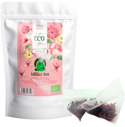 IDILICC TEA Infusion de Hibisco Flor de Jamaica 100% Ecológico. 30 Pirámides. Bolsitas de Te de Hibisco Infusion Natural. Te de Jamaica. Flor de Hibisco. Antiinflamatorio y Mejora la Digestión