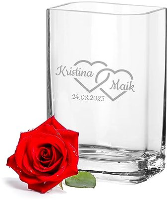 LALALO Leonardo Vase mit Gravur als Hochzeit Geschenk, Personalisiert als Hochzeitsgeschenk, Sandzeremonie, Hochzeitstag, Blumen-Deko für den Tisch (25x15x10 cm, Herzverschmelzung)