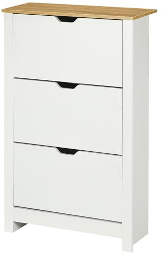 HOMCOM Armoire à Chaussures 3 Portes abattantes 3 Compartiments Panneaux Particules Blanc chêne