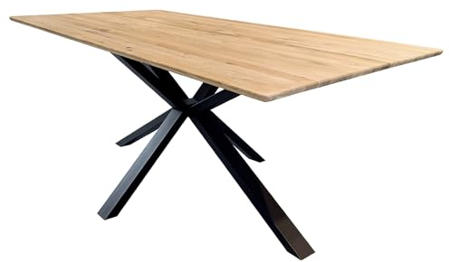 Lomadox Tisch Esstisch 200x100cm mit Abgerundeter Kante, Wildeiche massiv geölt, Metallfußgestell