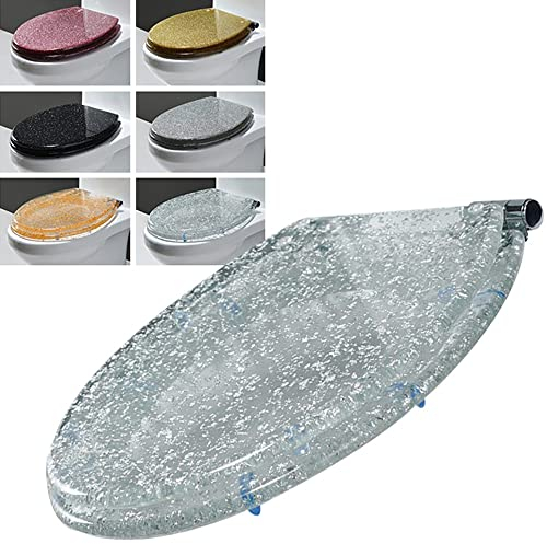 TYXFHSMY Silver Glitter Toilet Seat Oval Slow Soft Quiet Close Toilet Lid Universal Replacement Toilet Seats with Non-Slip Grip-Tight Bumpers/Silver Foil