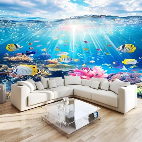 Blau 3D Fototapete Vlies Fischschwarm Am Meeresgrund Moderne Wanddekoration, Premium Kunstdruck Tapete Tv-Hintergrundwand Für Schlafzimmer, Wohnzimmer & Kinderzimmer B350 X H256 Cm