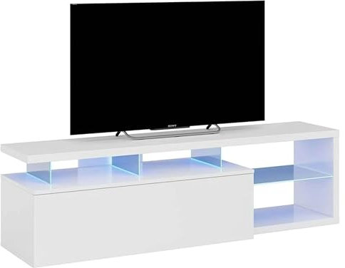 Miroytengo Led Mueble TV Blanco Brillo 150 cm, 1 Puerta y 3 Espacios, Fabricado en Melamina, Diseño Moderno, para Salón