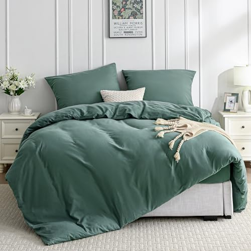 JELLYMONI Bettwäsche 220x240 Baumwolle Bettwäsche-Sets Dunkelgrün Oeko-Tex 100% Gewaschene Baumwolle Bettbezug mit Reißverschluss und 2 Kissenbezüge 80X80 mit Umschlag Weich 3-Teilig Bettwäsche
