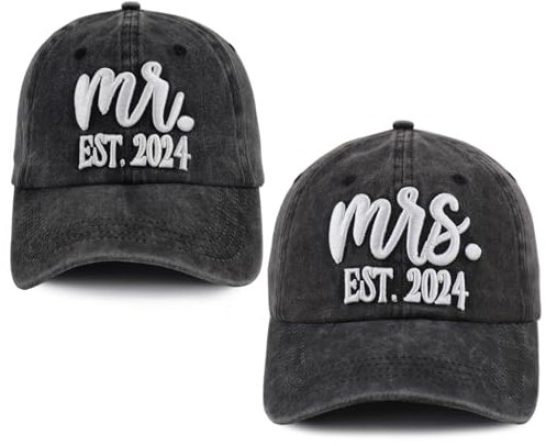 Baseballkappe, Motiv: Mr and Mrs Est 2024, 3D-bestickt, verstellbar, Baumwolle, 2 Stück, Schwarz und Schwarz, Einheitsgröße
