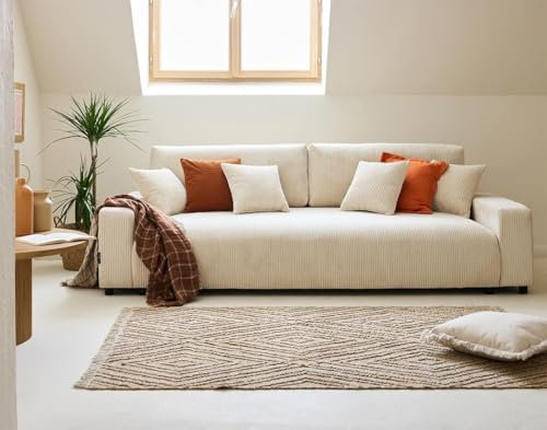 Lisa Design Pivoine - 3-sitzer Einzelsofa - Schlaffunktion und Bettkasten - - aus Cordstoff Beige