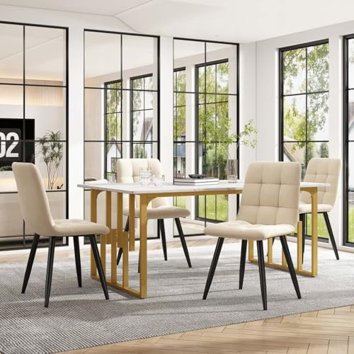Table de cuisine (1 pièce) 140 x 80 cm avec motif marbre moderne Table de cuisine avec pieds réglables Noir/blanc/doré (blanc et doré)