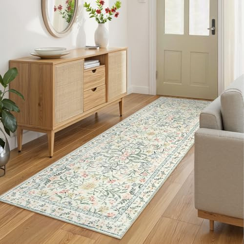 Wonnitar Waschbarer Teppichläufer, 60 x 200 cm, Boho-Blumenmuster, Teppichläufer für Schlafzimmer, weich, rutschfest, ultradünn, beige, Teppiche für Badezimmer, Küche, Nachttisch