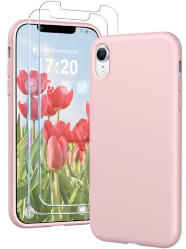 PuyaTeya 3 in 1 Hülle für iPhone XR, mit 2 Stück 9H Panzerglas Premium Liquid Silikon Hülle, mit 4-Layer stoßfeste abriebfestes, Soft Mikrofaserfutter Kratzfes Schutzhülle für iPhone XR(Rose)