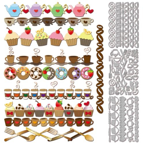 GLOBLELAND Stanzformen Für Ecken Mit Dessertlinien Metallgeschirr Donut Rahmen Stanz Und Prägeschablone Tee Kaffee Cupcakes Papierstanzungen Für Scrapbooking Kartenherstellung Basteln Papierkarten