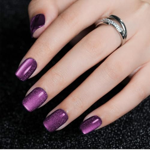 TELAIN Press On Nails, Set of 24 Artificial French Nails In Purple With Cat's Eye Design, Including Adhesive Gels And Nail Care Accessories For Perfect Manicure