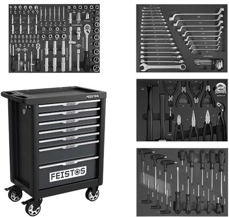 FEISTOS Werkzeugwagen Mento 1 | Werkstattwagen bestückt mit 158 Teilen | Schwarz | 47x77x96 cm | Modular & abschließbar