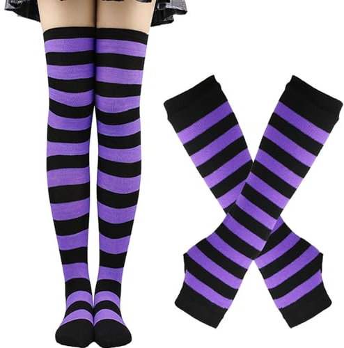 YeeHeen Womens Knee High Socks Arm Warmer Fingerless Gloves Set Long Knitted Gloves Socks Set Purple Black