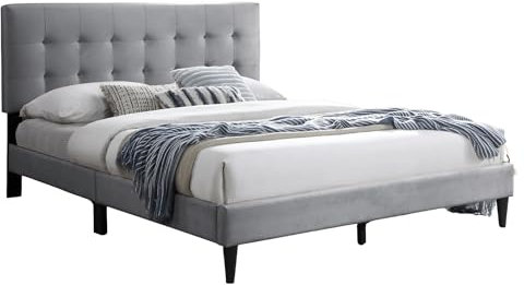 Bett 160x200 cm, Polsterbett mit Lattenrost, Bettgestell, Doppelbett mit weichem Bezug und gepolstertem Kopfteil mit Kassettensteppung, robustes Gestell, hoher Liegekomfort | Grau | 160x200 cm
