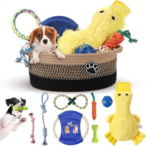 Zopeal Aufbewahrungskorb-Set für Welpen, Hundespielzeug, Kauspielzeug zum Zahnen, quietschend, Plüsch-Ente, Seil, gewebter Korb mit Griffen für kleine Welpen, 9 Stück (schwarz)