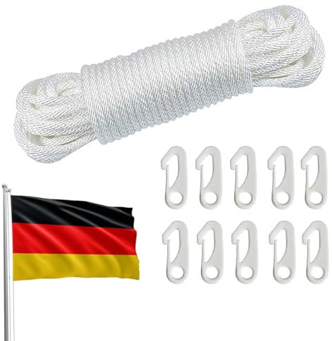 Flag Rope Flagpole Rope, 20 m Flag Rope Halyard with 10 Flag Hooks, Diameter 6 mm Weatherproof Tear-Resistant Climbing Rope, Nylon Flag Rope Flagpole Cord for Flagpole, Sailing Boat, Garden, Camping