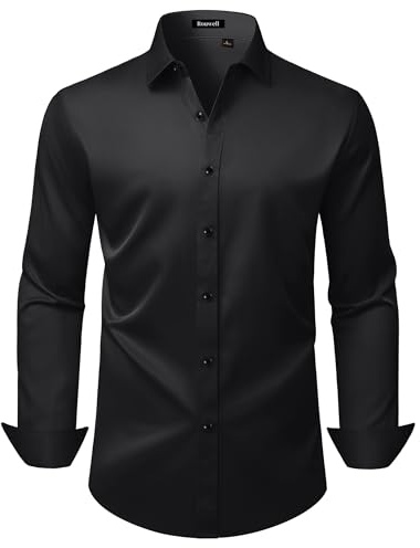 ROUWELL Black Dress Shirt for Men Long Sleeve Wrinkle Free Stretch Non Iron Business Formal Work Button Down Shirts L